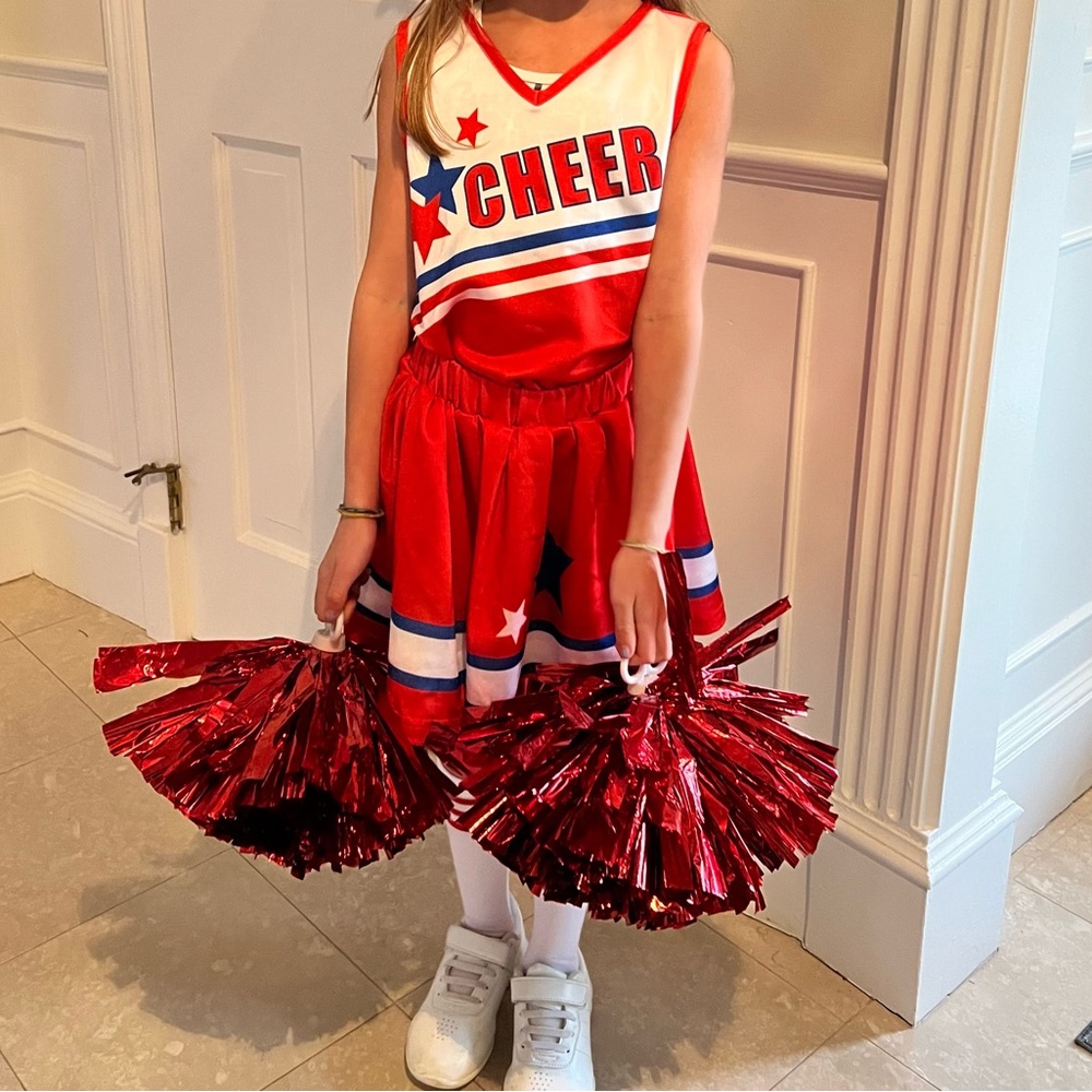 Red and White Dance Cheerleading Costume with Pleated Skirt and Pom-Poms
